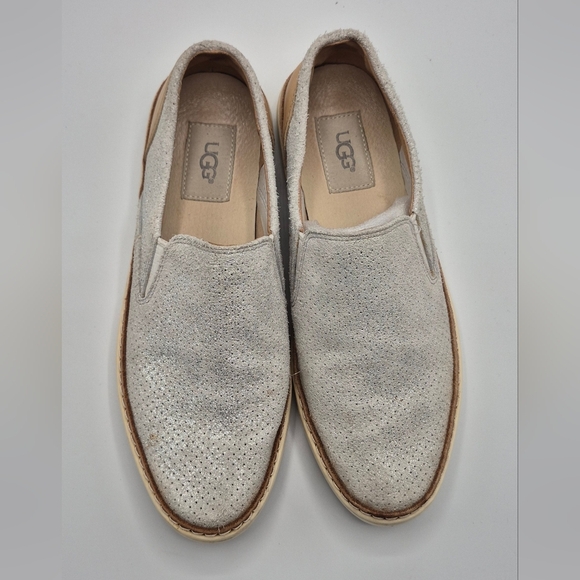 UGG Shoes - UGG Women Perforated Slip-On Suede Loafers in Light Gray and Tan Sole